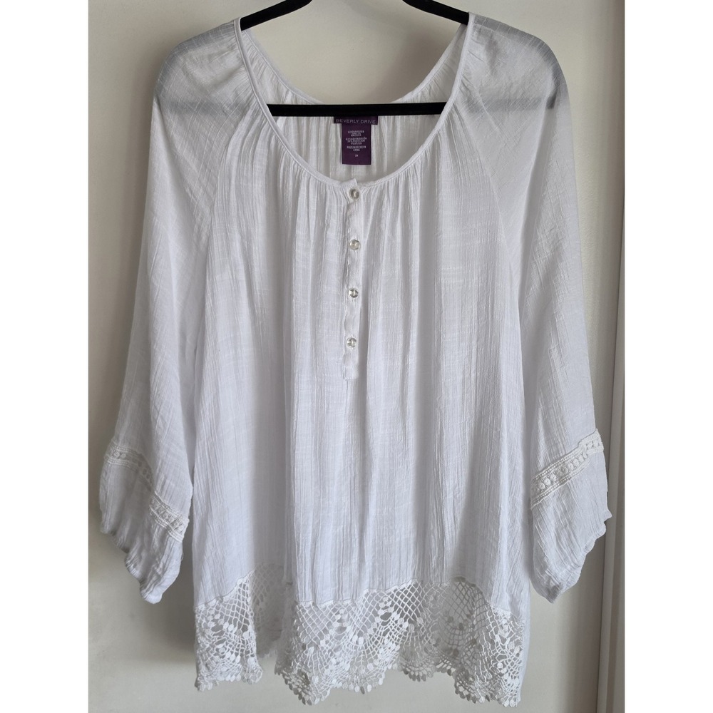 Beverly Drive Women's Blouse 2X White Long Sleeve Boho Top Shirt Tunic Lace Hem